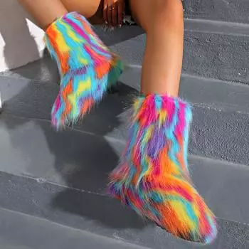 Зимние женские домашние плюшевые хлопковые туфли женские пушистые радужные сапоги на платформе женские теплые высокие сапоги из искусственного меха большие размеры EU34-44 ПОПУЛЯРНО 35 ярко-синий