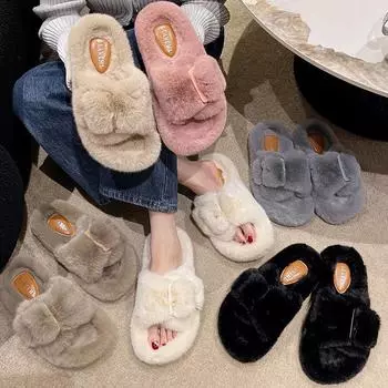Зимние женские домашние повседневные пушистые тапочки с открытым носком, шлепанцы, пушистая обувь, шлепанцы, женские мягкие плюшевые тапочки на платформе 2024 35