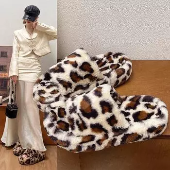 Зимние женские домашние тапочки, сексуальные леопардовые тапочки из искусственного меха, модные теплые туфли, женские туфли на плоской подошве, женские шлепанцы, домашние меховые тапочки 35