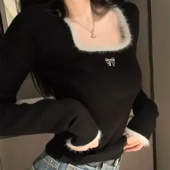 Зимние женские футболки с вышитыми бабочками, квадратный вырез, длинный рукав, пэчворк, футболки Y2K, осенние женские повседневные футболки S белый