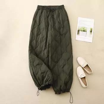 Зимние женские хлопковые брюки с художественной шнуровкой на резинке и ромбовидной сеткой, ветрозащитные, теплые, длинные, хлопковые брюки и капри для женщин M чёрный