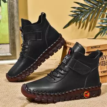 Зимние женские хлопковые сапоги с мягкой подошвой, сшитые вручную, мягкие и теплые, со шнуровкой, противоскользящие, короткие сапоги 35 красный