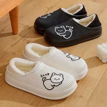 Зимние женские хлопковые тапочки, непромокаемая теплая плюшевая обувь, модная домашняя обувь на толстой подошве, нескользящие однотонные парные тапочки 42-43 чёрный