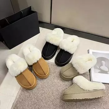 Зимние женские хлопковые туфли с круглым носком, полутапочки, утепленные бархатные теплые зимние сапоги 35 чёрный