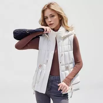 Зимние женские хлопковые жилеты, пальто женские, утепленные, с капюшоном, на молнии, повседневные, без рукавов, хлопковые пальто, женская зимняя теплая одежда M белый