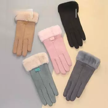 Зимние женские кашемировые теплые замшевые кожаные велосипедные варежки, двойные толстые бархатные плюшевые наручные женские перчатки для вождения с сенсорным экраном One Size розовый