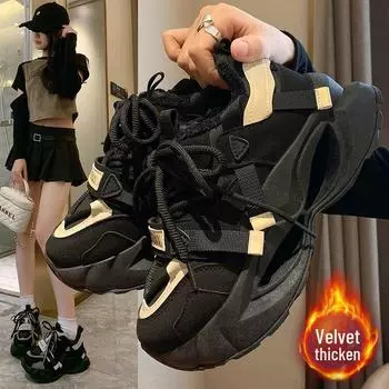 Зимние женские корейские бархатные туфли Dad Shoes 2024 года — спортивная повседневная обувь с толстой подошвой FB7703-1 40 чёрный