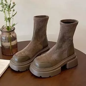 Зимние женские короткие сапоги на платформе, модные замшевые ботильоны без застежек, элегантные женские уличные ботинки с толстой подошвой, модель 2024 35 хаки