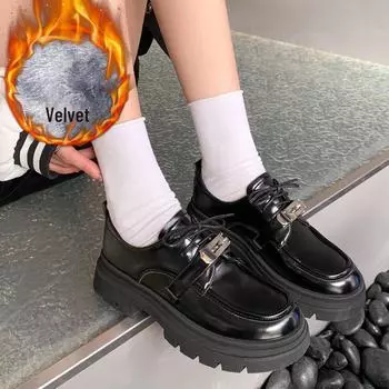 Зимние женские кожаные мокасины на толстой подошве со шнуровкой 2024 года: Туфли с круглым носком и толстым каблуком velvet lining, 37