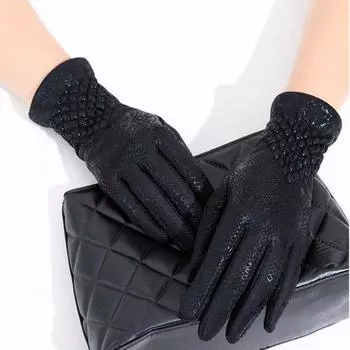 Зимние женские кожаные перчатки с имитацией змеиной кожи, перчатки с сенсорным экраном, бархатные теплые перчатки для верховой езды чёрный