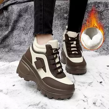 Женские высокие кроссовки на танкетке, увеличивающие рост, на толстой платформе, повседневные, элегантные, замшевые, зимние, черного, коричневого цвета, на толстой подошве, с мехом EU:35 чёрный