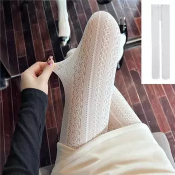 Зимние женские кружевные колготки с вертикальными полосками, формирующие дымоход one size белый