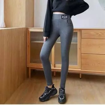 Зимние женские леггинсы однотонные теплые утолщенные с высокой талией, поддерживающие ягодицы, эластичные прогулочные брюки с карманом M чёрный