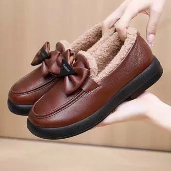 Зимние женские лоферы на флисовой подкладке, уличные противоскользящие туфли с низким берцем для женщин, теплая обувь на меховой подкладке, туфли на плоской платформе 35 темно-коричневого
