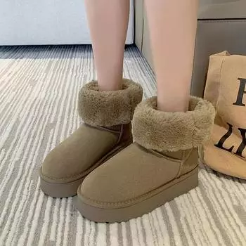 Зимние женские меховые тапочки теплые сапоги на толстой подошве 2024 модные однотонные женские сапоги короткие плюшевые туфли на плоской подошве женские сапоги 35 чёрный