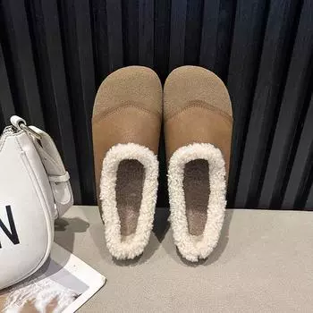 Зимние женские меховые тапочки, водонепроницаемые, теплые, семейные, для дома, на толстой платформе, удобные, простые, плоские туфли 2024 35 хаки