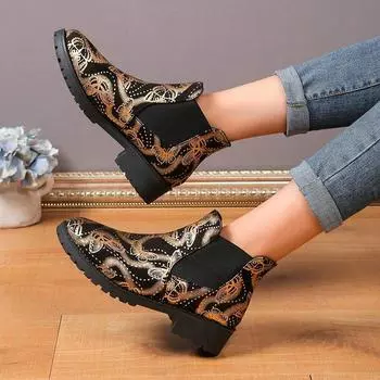 Зимние женские модные кожаные принтованные двойные слипоны на плоской подошве в стиле ретро, короткие ботильоны большого размера для женщин D90 36