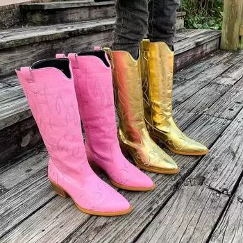 Зимние женские модные остроносые вышитые ковбойские сапоги в стиле вестерн, сапоги до середины голени в стиле ретро-рыцаря, большие размеры 36 розовый