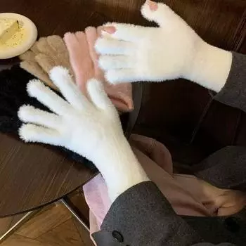 Зимние женские модные теплые и дырявые двупалые перчатки для мобильного телефона, пушистые студенческие, пишущие и защищающие от холода для верховой езды, сенсорного экрана, норковые перчатки M