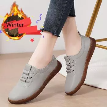 Зимние женские мокасины на меху, кожаная обувь для вождения, удобные туфли на плоской подошве, повседневные лоферы для медсестер, прогулочная минималистичная обувь для беременных для девочек EU:35 чёрный