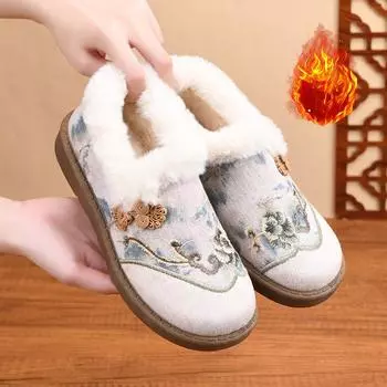 Зимние женские мокасины с меховой подкладкой, мокасины на пушистой платформе с вышивкой, женские толстые теплые плюшевые удобные нескользящие тапочки-лоферы с круглым носком 35 розовый