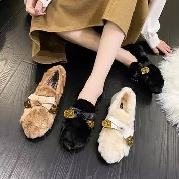 Зимние женские мокасины в корейском стиле из меха норки с бантом 2023 года: Теплые туфли на плоской подошве без застежек 40 чёрный