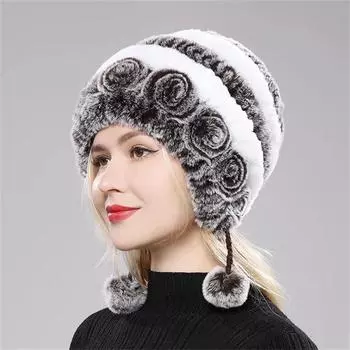 Зимние женские натуральные полосатые цветы из меха рекса с кроликом для женщин ONE SIZE белый