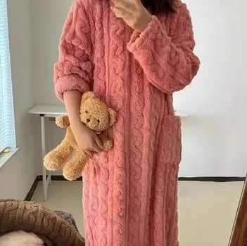 Зимние женские ночные рубашки жаккардовое платье ночное платье свободная однотонная утолщенная фланелевая пижама домашняя одежда M розовый