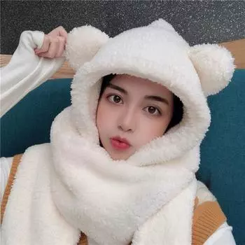 Зимние женские новые шапки, теплая милая шапка с медвежьими ушками, повседневная плюшевая шапка, комплект с шарфом, повседневные однотонные осенние шапки, подарок бежевый