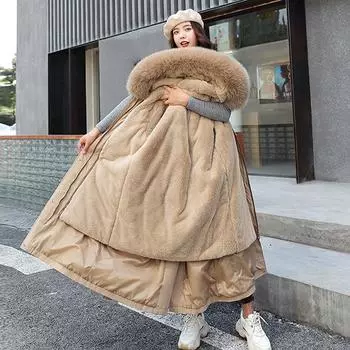 Зимние женские парки, длинные однотонные шерстяные пуховики, женские меховые воротники, толстые парки с капюшоном, пальто больших размеров, модная стеганая верхняя одежда M хаки
