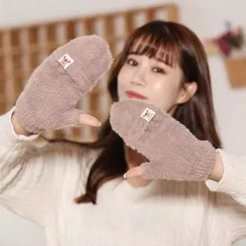 Зимние женские перчатки с откидной крышкой до половины пальцев, студенческие, милые, теплые с героями мультфильмов для девочек тёмно-синий