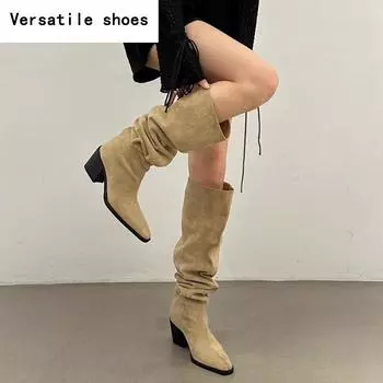 Зимние женские плиссированные сапоги в стиле вестерн до колена, модные туфли без застежек на толстом каблуке, лаконичные длинные ботинки для женщин 35