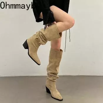 Зимние женские плиссированные сапоги в стиле вестерн до колена, модные туфли без застежек на толстом каблуке, лаконичные длинные ботинки для женщин 35 хаки