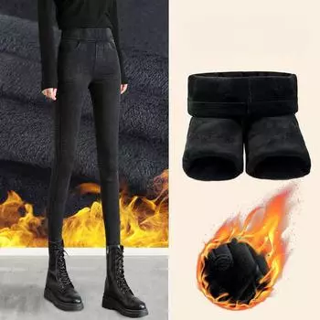 Зимние женские плюшевые и толстые узкие и теплые брюки с высокой талией S чёрный