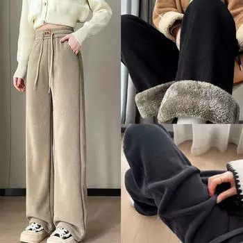 Зимние женские плюшевые шикарные однотонные облегающие длинные брюки с высокой талией, женские модные повседневные широкие флисовые термобрюки M хаки