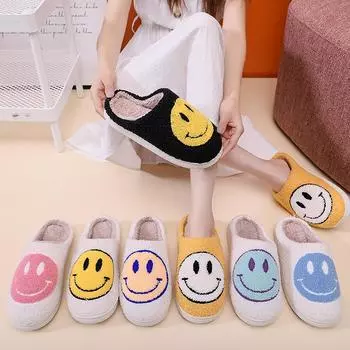 Зимние женские плюшевые тапочки с улыбкой, большие кожаные тапочки для дома, спальни, квартиры, повседневная плюшевая теплая и удобная домашняя обувь для пар 44-45 белый