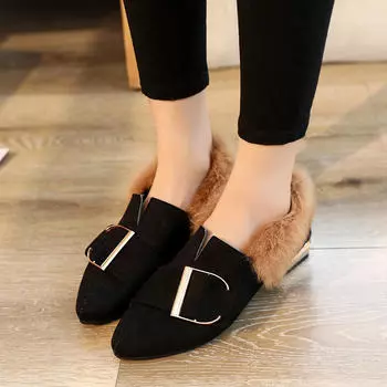 Зимние женские плюшевые туфли на плоской подошве, женские мокасины, туфли-лодочки из искусственной замши, балетки со стразами и металлом, теплые, большого размера 775 4 коричневый