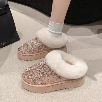 «Зимние женские плюшевые зимние ботинки 2024 года на толстой подошве с верхом из пайеток» 36 чёрный