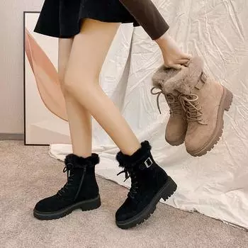 Зимние женские плюшевые зимние ботинки на шнуровке, готическая обувь в стиле панк, армейские ботинки, женские замшевые ботильоны на толстой подошве, теплые ботильоны на меху 37 чёрный