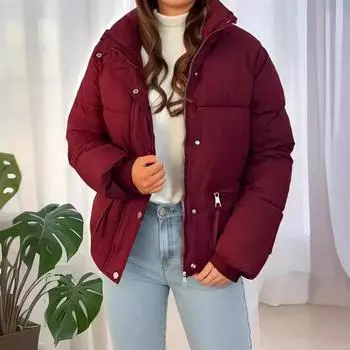 Зимние женские повседневные хлопковые куртки из хлопка, толстые короткие молнии, воротник-стойка, теплые парки, пальто, верхняя одежда M бордовый