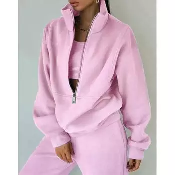 Зимние женские повседневные комплекты из двух предметов, свитера на молнии, спортивные штаны с однотонным воротником, женские комплекты из двух предметов S розовый