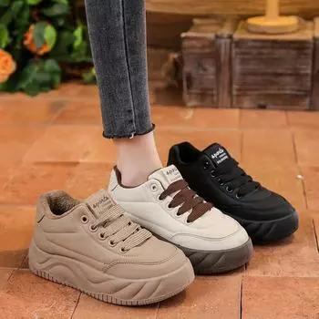 Зимние женские повседневные кроссовки, модные теплые бархатные туфли на танкетке со шнуровкой для женщин, повседневная хлопковая обувь 35 бежевый