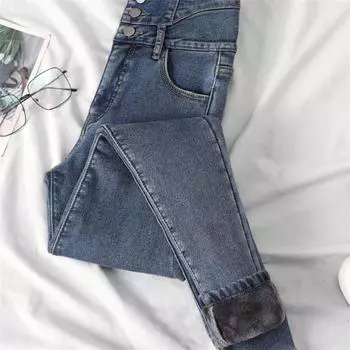 Зимние женские повседневные модные джинсовые брюки-карандаш, толстые бархатные женские джинсы скинни с высокой талией, простые флисовые теплые облегающие эластичные джинсы 25 чёрный