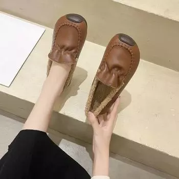 Зимние женские повседневные туфли на плоской подошве, теплые флисовые туфли без застежек, удобные мокасины для женщин 35 хаки