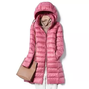 Зимние женские пуховики, длинные ультралегкие тонкие повседневные пальто, куртка-пуховик, тонкая парка с капюшоном и удалением M розы красного