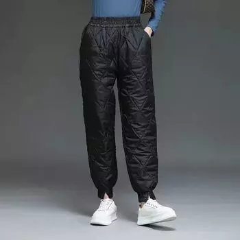 Зимние женские пуховые хлопковые брюки женские пуховые брюки с эластичной талией теплые свободные и плотные шаровары брюки длинные брюки с высокой талией XXXL чёрный