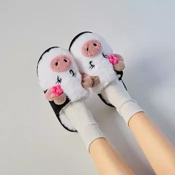 Зимние женские пушистые тапочки с изображением коровы, чтобы согреться дома, нескользящие тапочки из хлопка с толстым дном и ворсом 36-37 белый