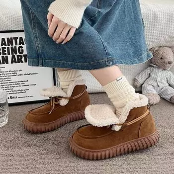 Зимние женские сапоги 2024 года, новые японские хлопковые туфли для девочек в стиле Лолиты, плюшевые теплые зимние сапоги на платформе, милые пушистые женские короткие сапоги 35 чёрный