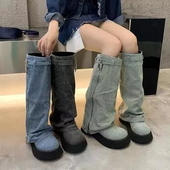 Зимние женские сапоги до бедра, модные, с круглым носком, без застежек, женские повседневные длинные сапоги, обувь на толстой подошве 2024 35 синий