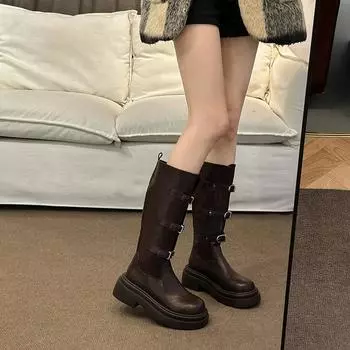 Зимние женские сапоги до колена с круглым носком, горячая распродажа 2024 года, новые износостойкие нескользящие однотонные модные женские туфли для отдыха на открытом воздухе 35 чёрный